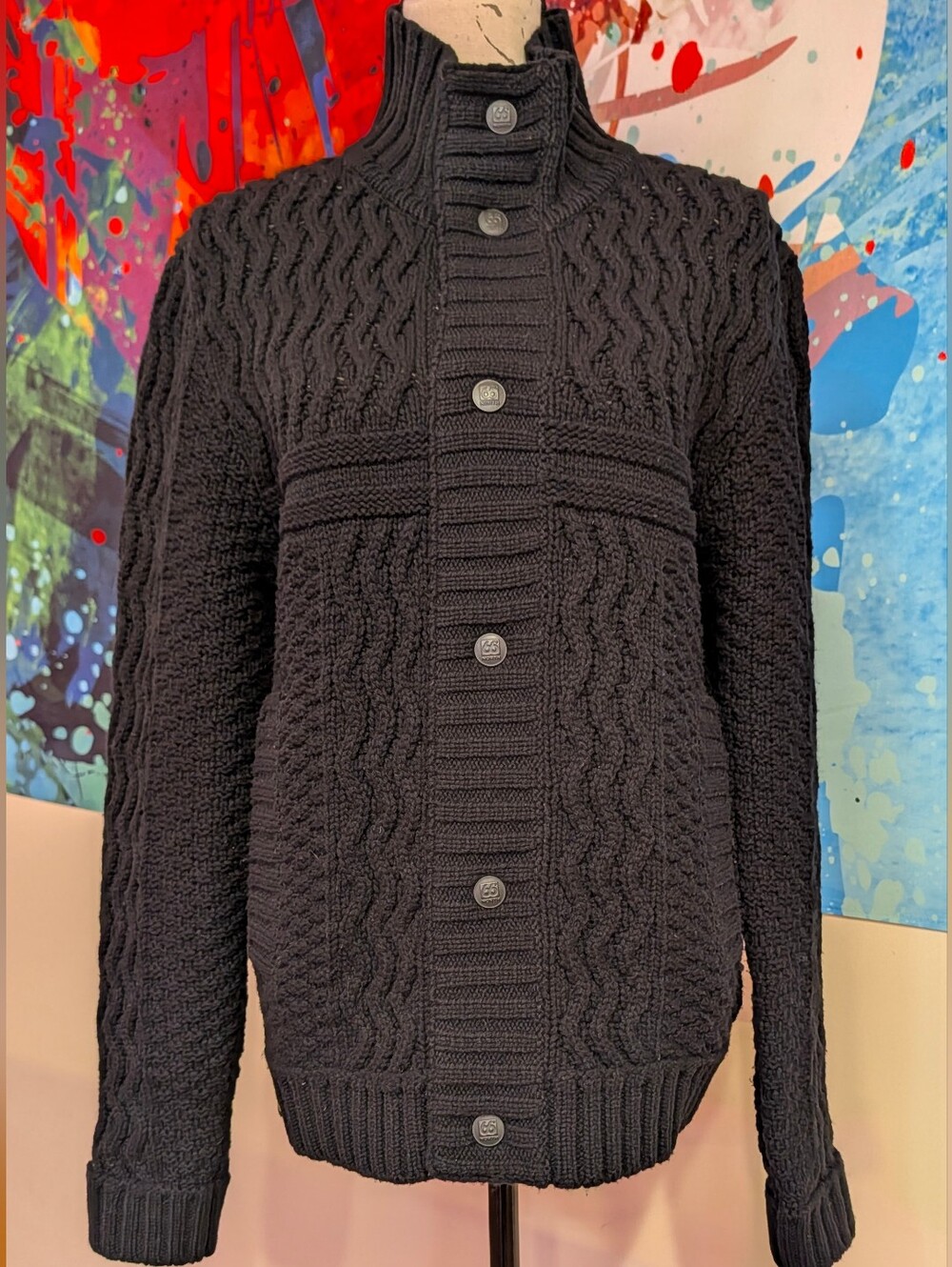 Black 66 North Mens Fisherman Style Chunky Cable knit Cardigan Sweater (S)